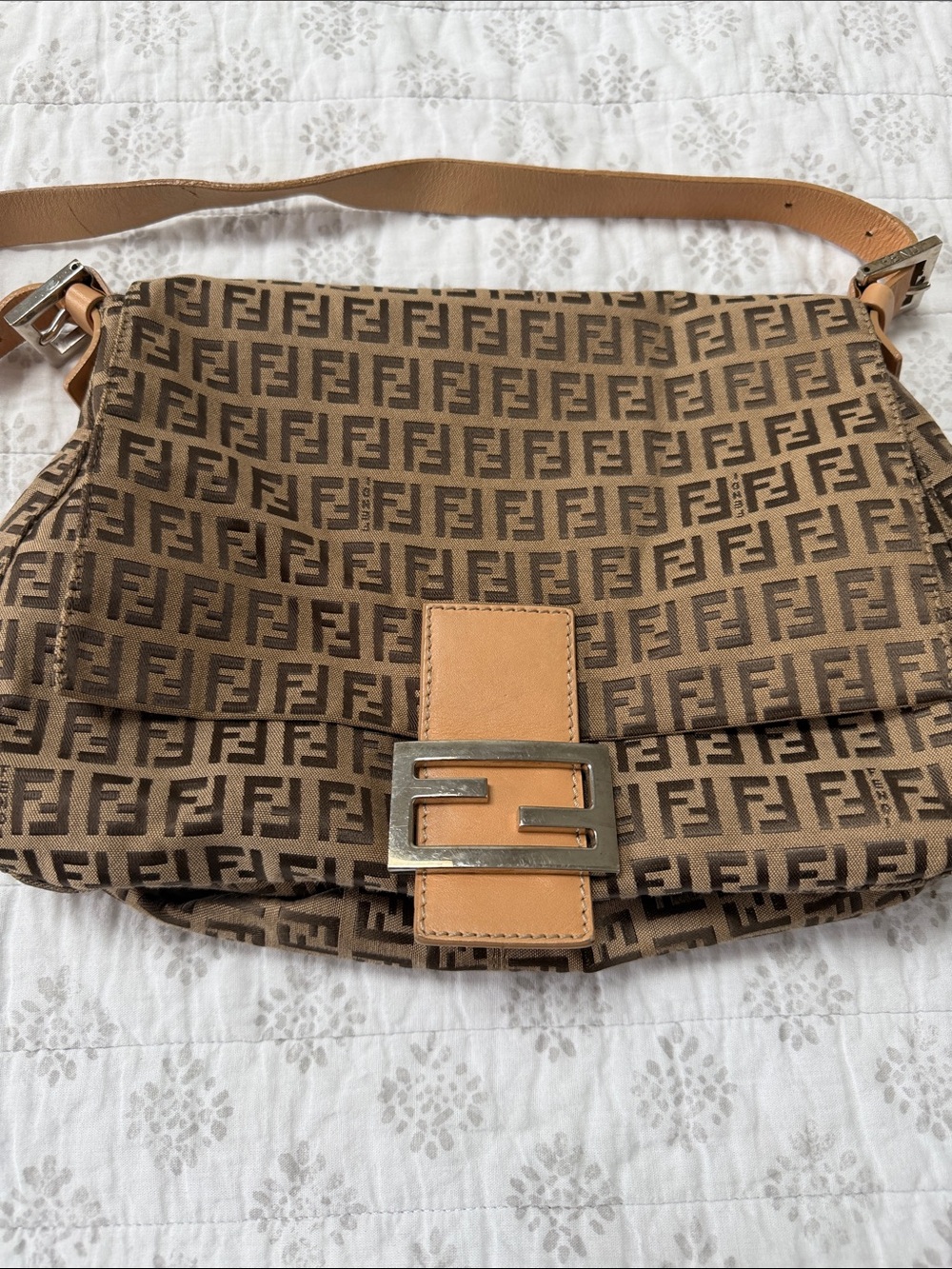 Fendi Brown FF Zucca Canvas Shoulder Bag with Tan Leather Strap